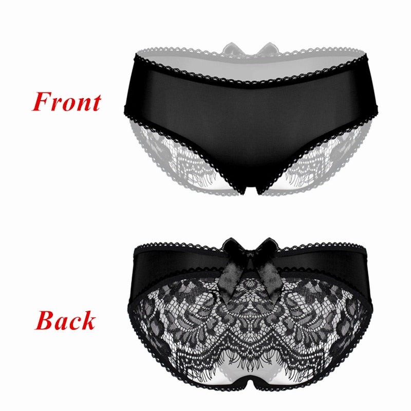 Women Sexy Lace Transparent Briefs Hot Erotic Open Crotch Panties For Sex Underwear Female Low Waist Bow Thongs
